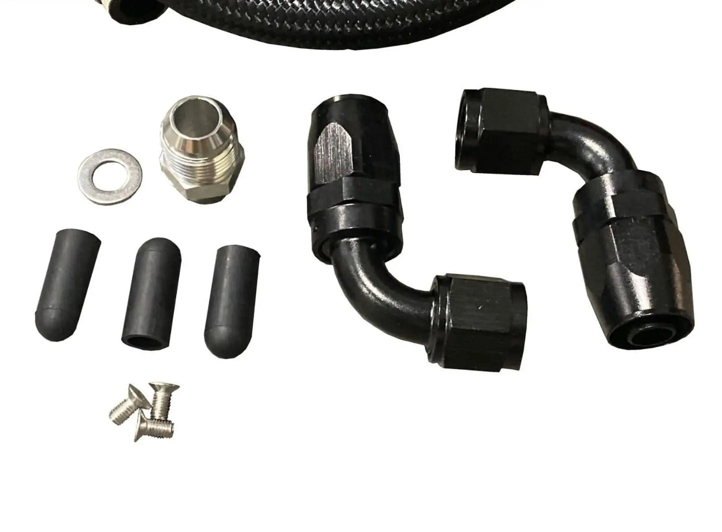 Jack Spania Racing billet oil catch can kit for Mitsubishi Evo 8 and 9 4G63T engine, VTA crankcase, includes hoses and mounting hardware.