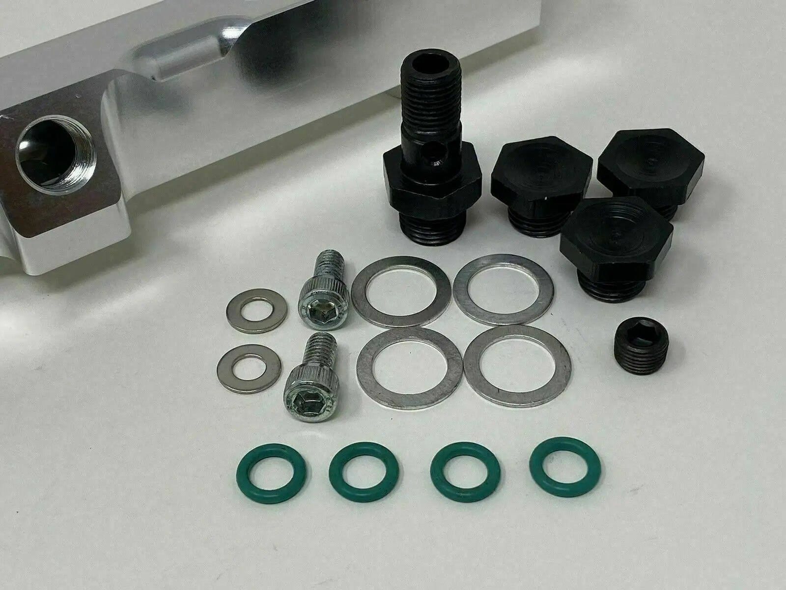High flow fuel rail for Honda Prelude H22 H23 and Accord F22, by Jack Spania Racing, showing the metal fuel rail with fittings.