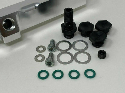High flow fuel rail for Honda Prelude H22 H23 and Accord F22, by Jack Spania Racing, showing the metal fuel rail with fittings.