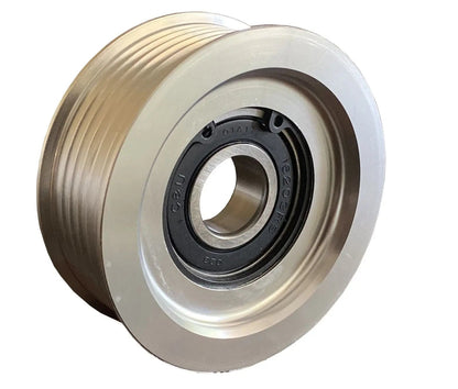 LS Billet Aluminum Grooved Tensioner Pulley for LS1, LS2, LS3, LS6 engines by Jack Spania Racing, shown in close-up image.