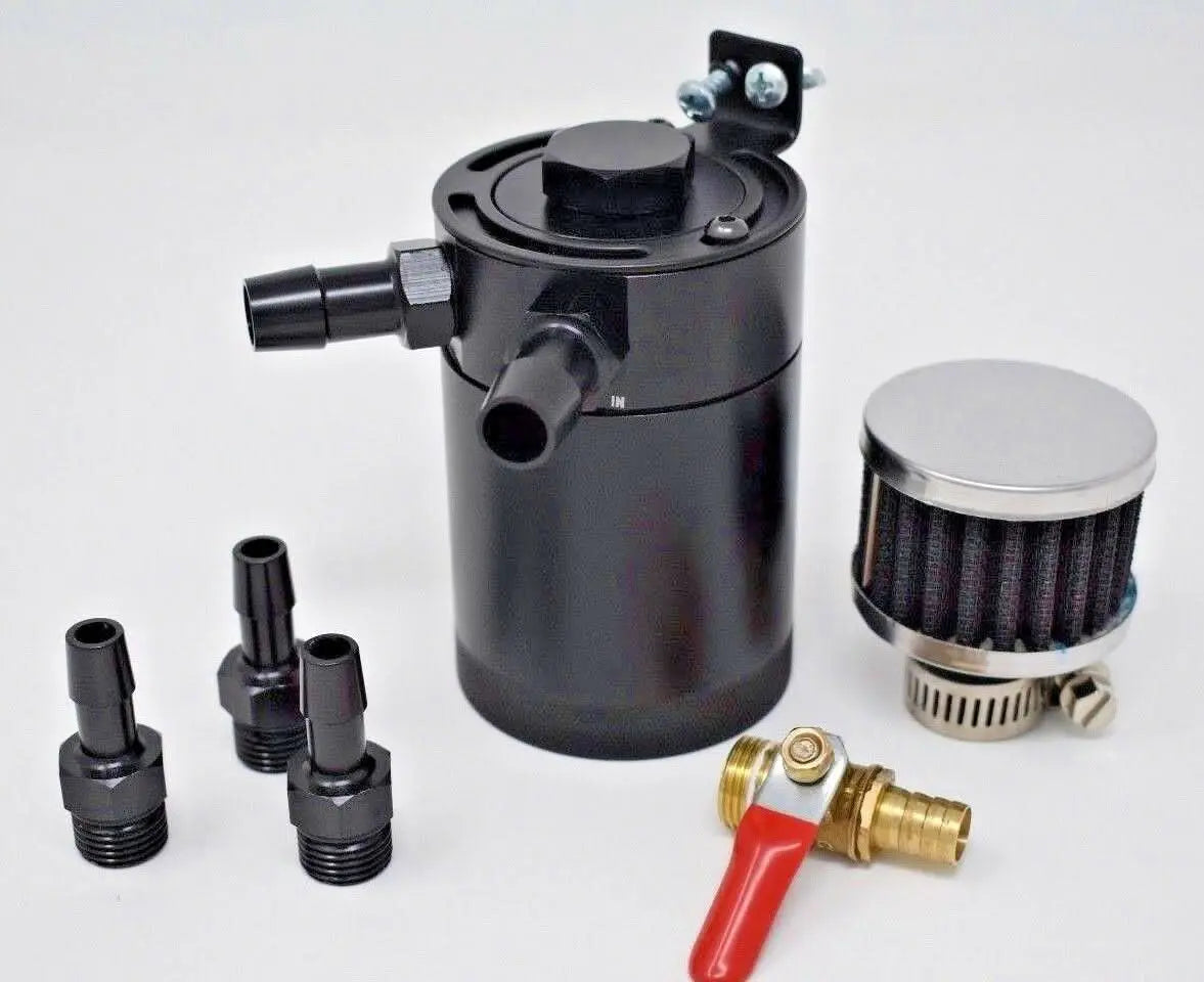 Jack Spania Racing billet aluminum baffled oil catch can with 2 ports for engine oil vapor collection in a racing vehicle.