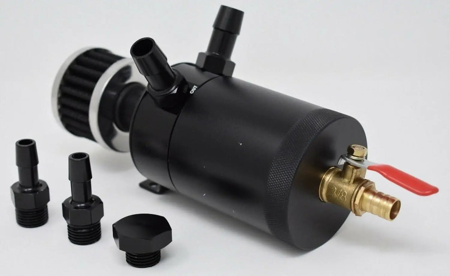 Billet aluminum baffled oil catch can reservoir tank with 2 ports, designed for racing engines by Jack Spania Racing.