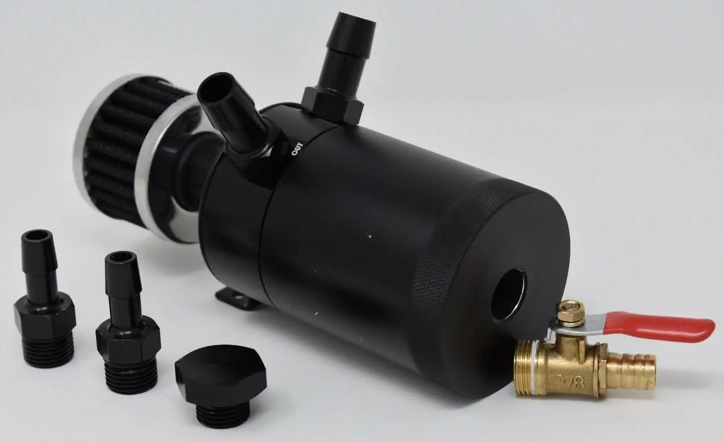 Billet aluminum baffled oil catch can with two ports for racing engine ventilation by Jack Spania Racing.