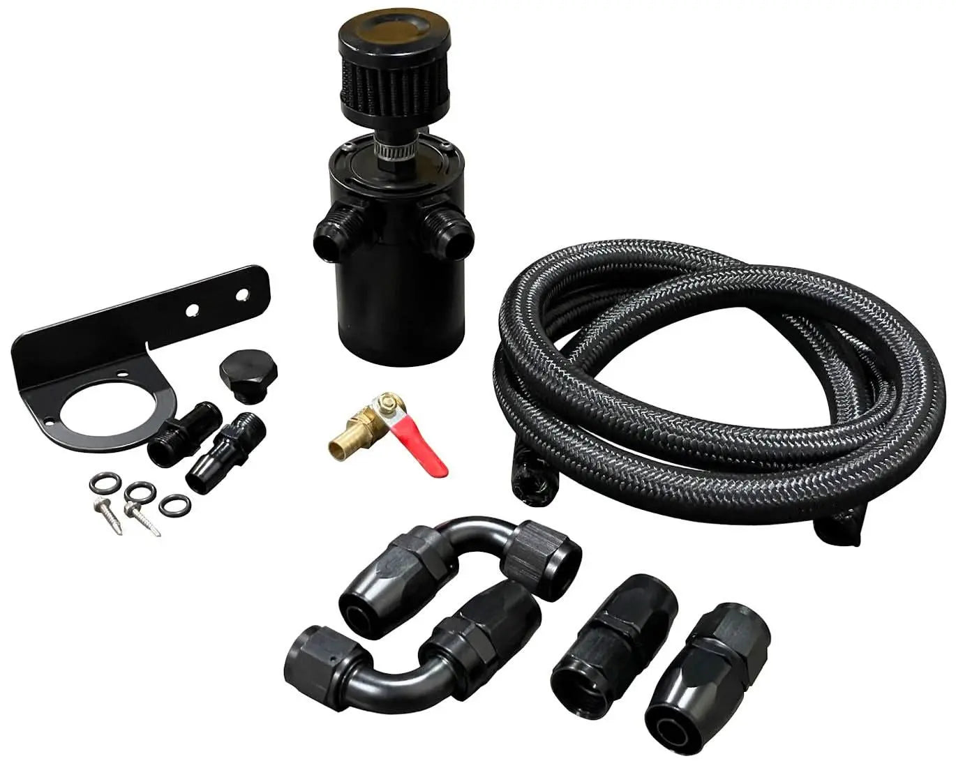 Jack Spania Racing oil catch can filter breather tank with mounting bracket and 2-port hose drain for engine performance.