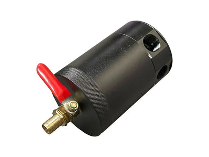 Jack Spania Racing oil catch can filter breather tank with mounting bracket and 2-port hose drain for engine performance.