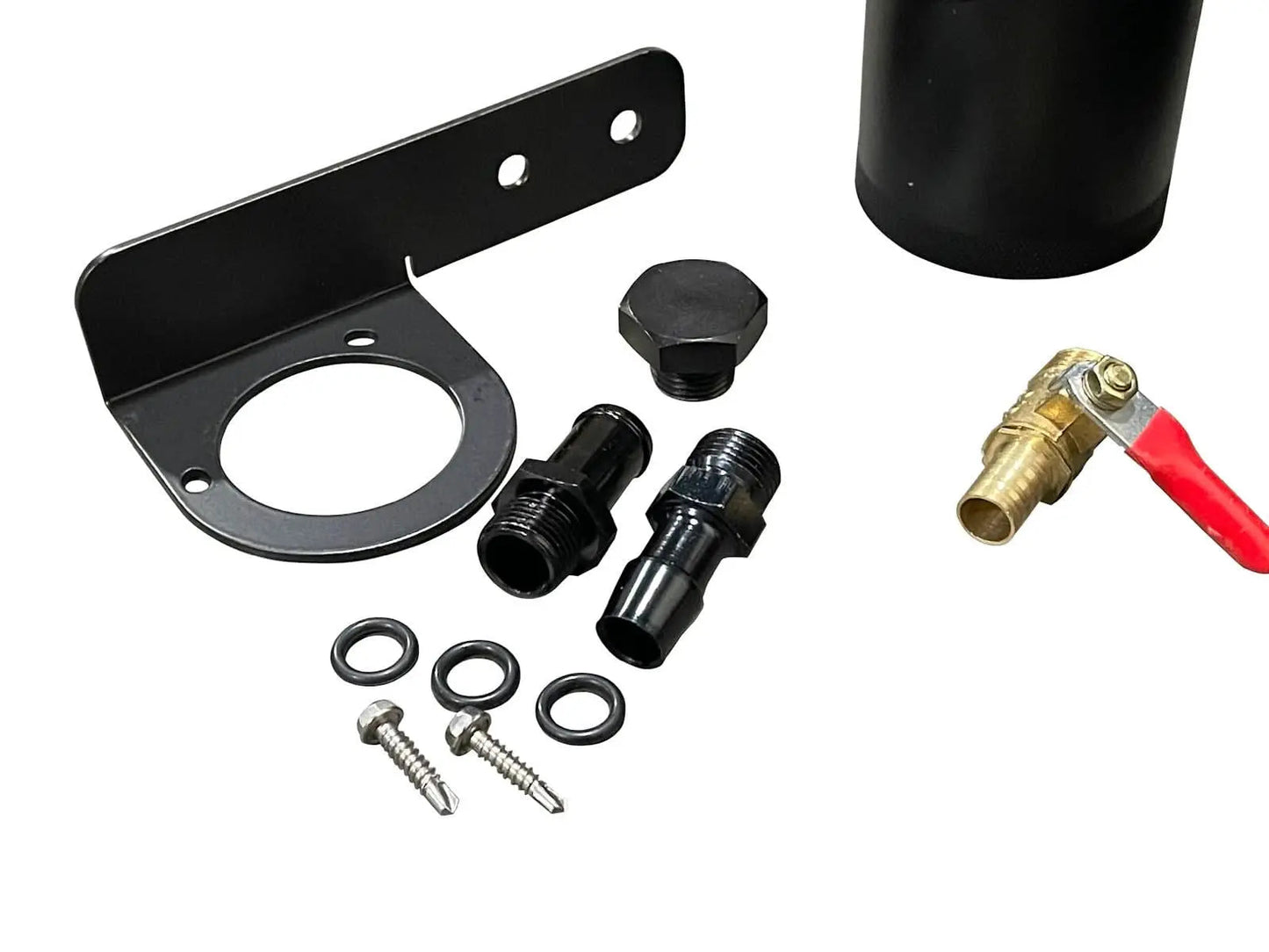 Jack Spania Racing oil catch can filter breather tank mounting bracket with 2-port hose drain for engine parts.