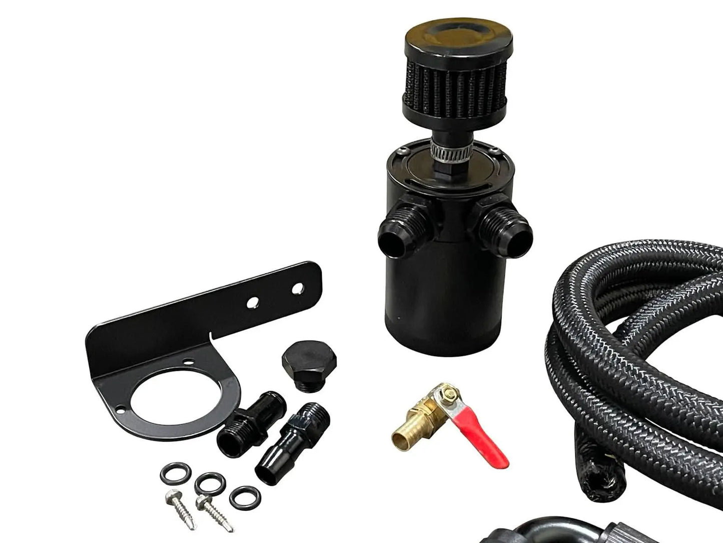 Jack Spania Racing oil catch can filter breather tank mounting bracket with two-port hose drain for engine maintenance.