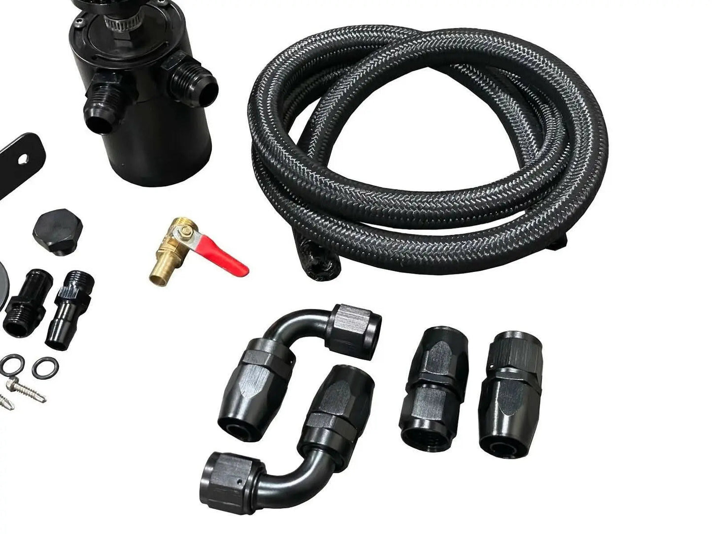 Jack Spania Racing oil catch can filter breather tank with mounting bracket and 2-port hose drain for engine performance.