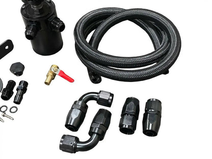 Jack Spania Racing oil catch can filter breather tank with mounting bracket and 2-port hose drain for engine performance.