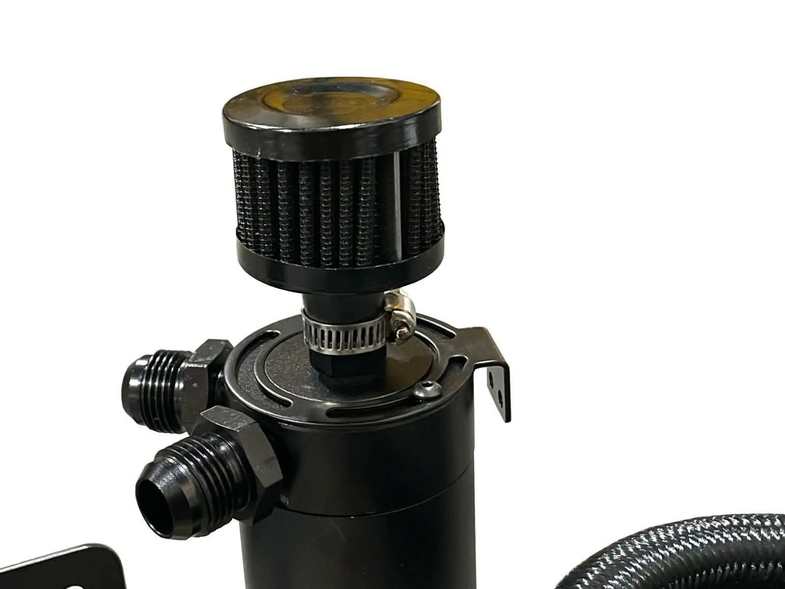 Jack Spania Racing oil catch can filter breather tank with mounting bracket and 2-port hose drain for engine performance.