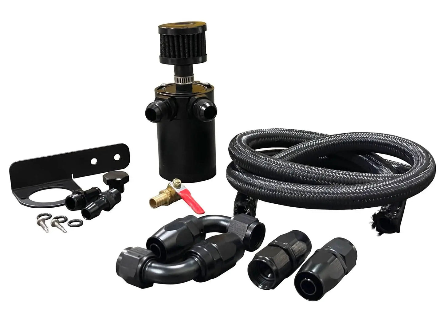 Jack Spania Racing oil catch can filter breather tank with mounting bracket and 2-port hose drain for engine applications.