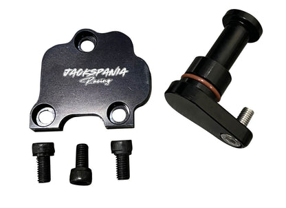 Jack Spania Racing billet VTEC VTC block off combo for Honda Acura K20 K24 K Series engine, shown on engine block.