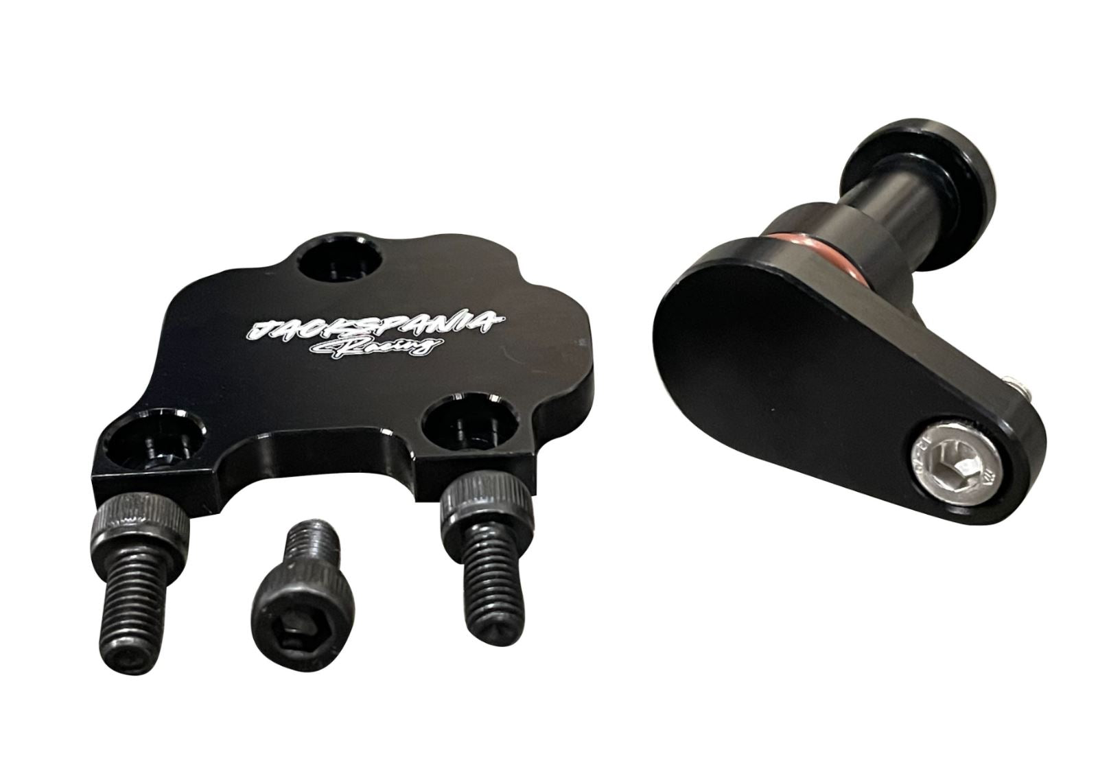 Jack Spania Racing billet VTEC VTC block off combo for Honda Acura K20 K24 K Series engines, shown on engine part.