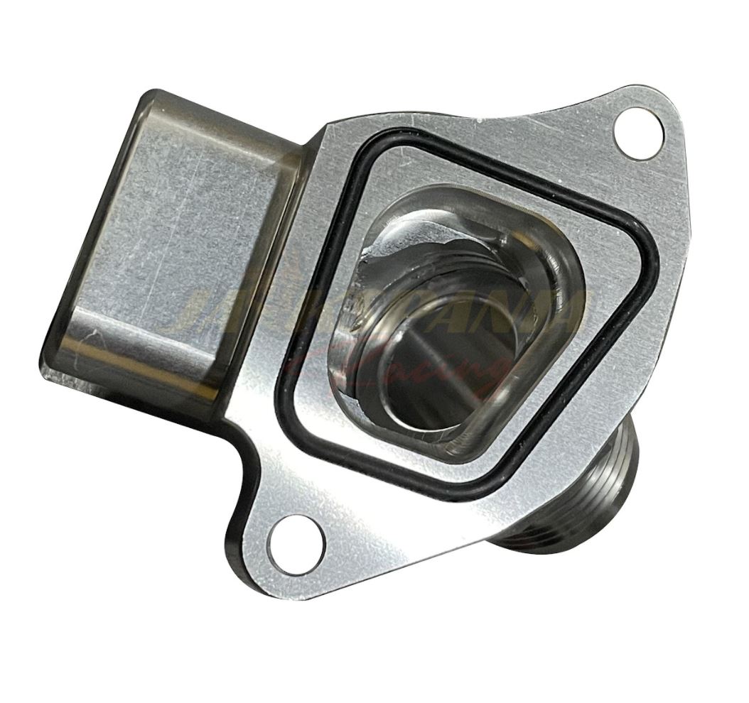 Upper coolant housing filler neck with 16AN fitting for B16 B18C5 Type R Civic DC2 Si CRX engine from Jack Spania Racing.
