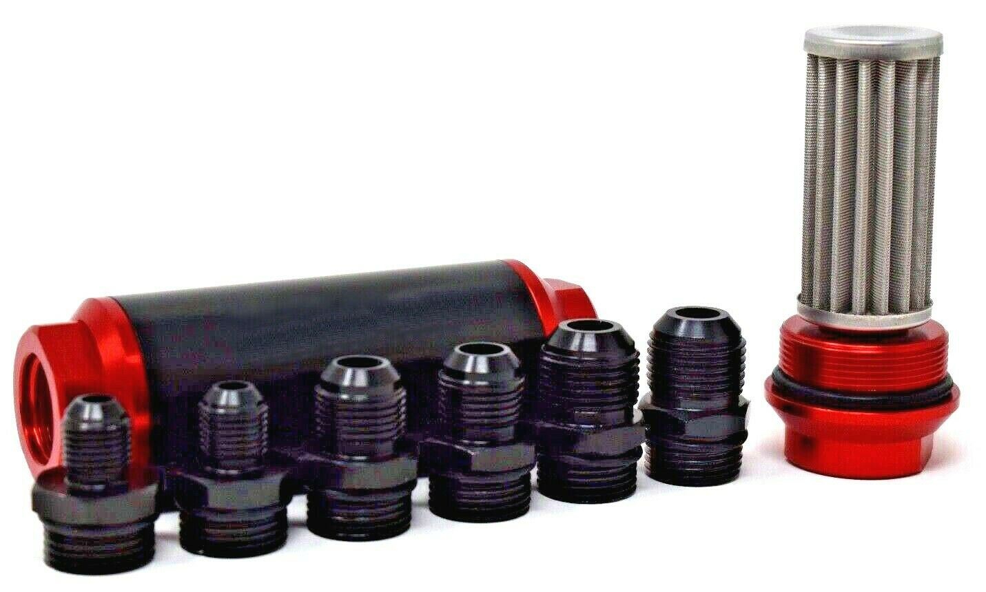 Jack Spania Racing universal inline fuel filter with AN 6, 8, 10 fittings and adapter for engine fuel systems.