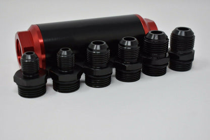 Universal Jack Spania Racing inline fuel filter with AN 6, 8, 10 fittings and adapter, engine part for fuel system.