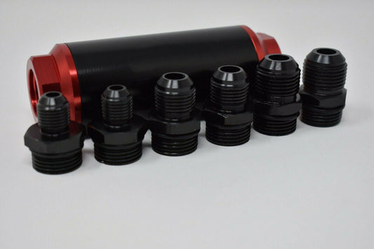 Universal Jack Spania Racing inline fuel filter with AN 6, 8, 10 fittings and adapter, engine part for fuel system.