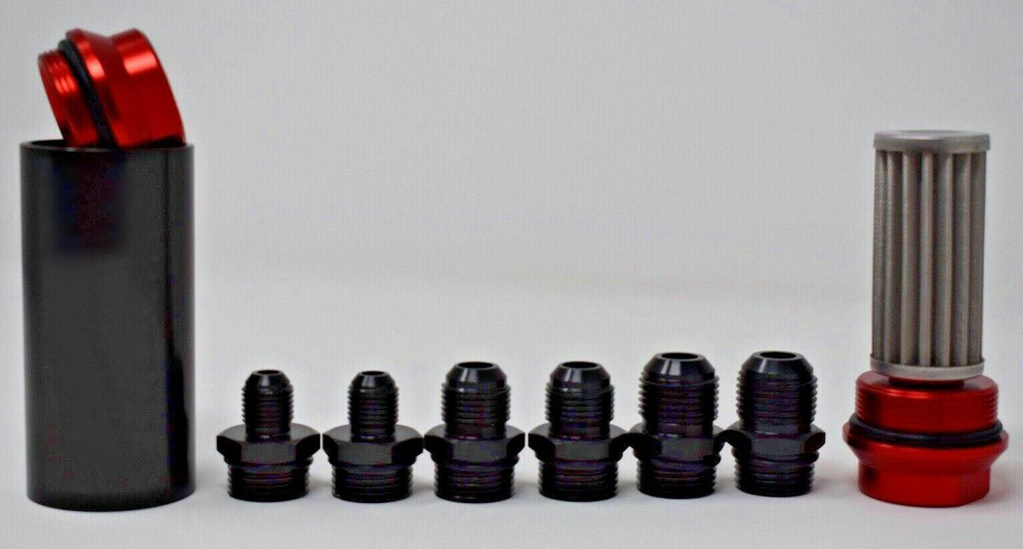 Universal Jack Spania Racing inline fuel filter with AN 6, 8, 10 fittings and adapter, engine part for fuel system.