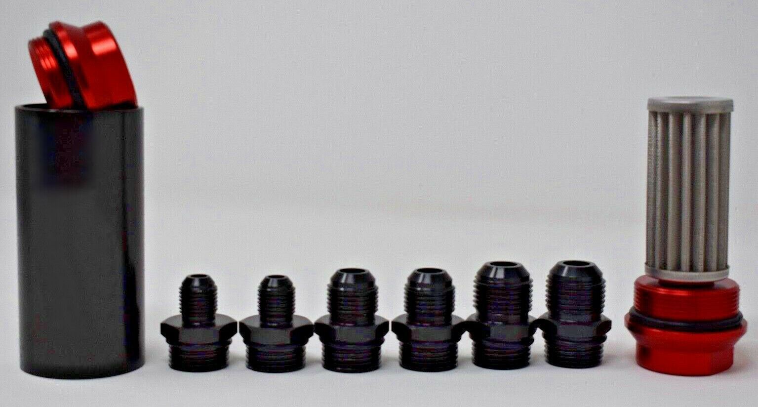 Universal Jack Spania Racing inline fuel filter with AN 6, 8, 10 fittings and adapter, engine part for fuel system.