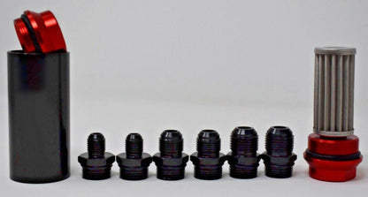 Universal Jack Spania Racing inline fuel filter with AN 6, 8, 10 fittings and adapter, engine part for fuel system.