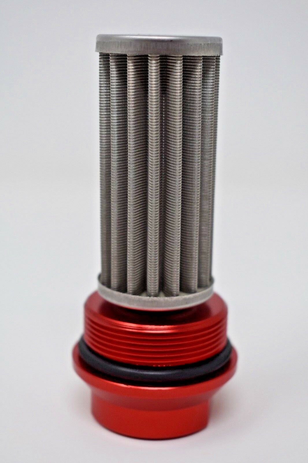 Jack Spania Racing universal in-line fuel filter with AN 6, 8, and 10 fittings and adapter for engine performance.