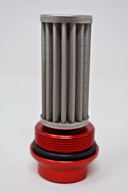 Jack Spania Racing universal in-line fuel filter with AN 6, 8, and 10 fittings and adapter for engine performance.