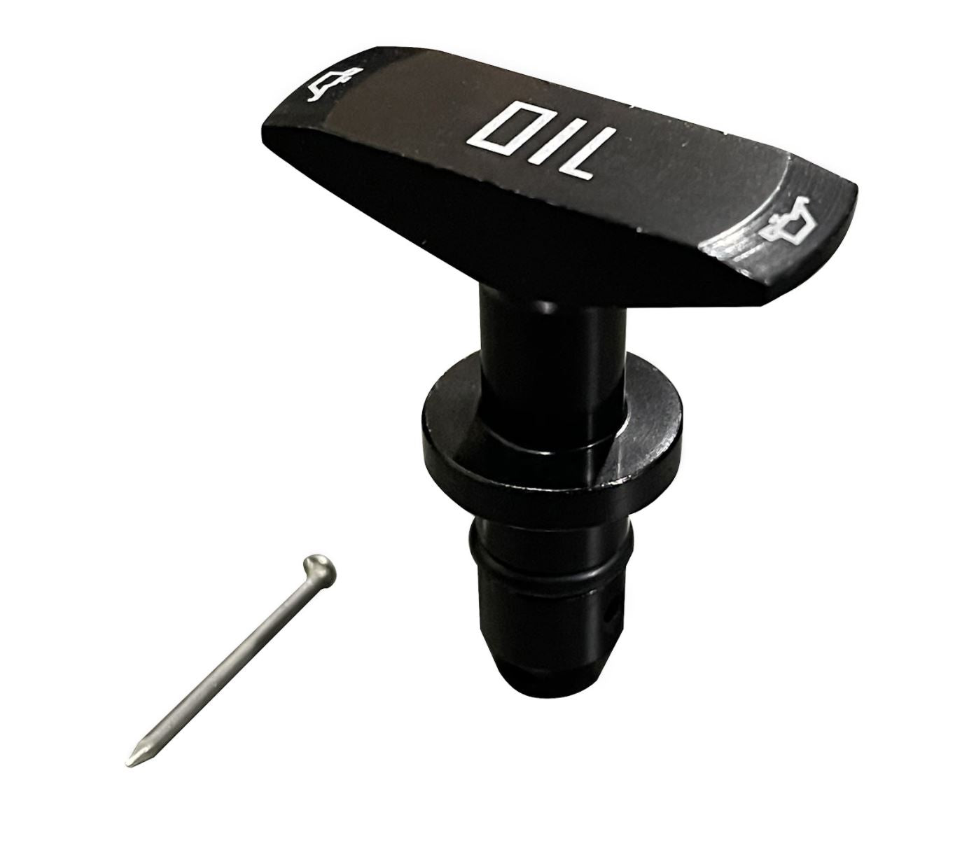 Black billet aluminum oil dipstick handle for Ford Mustang GT V8 LS engines, compatible with LS, LS1, LS2, LS3, and LS6 engines.