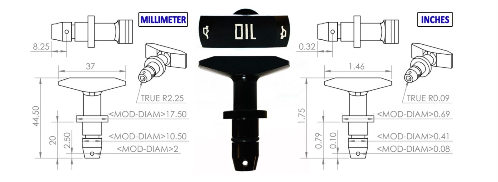 Black billet aluminum oil dipstick handle for Ford Mustang GT V8 LS engines from 1999-2011, by Jack Spania Racing.