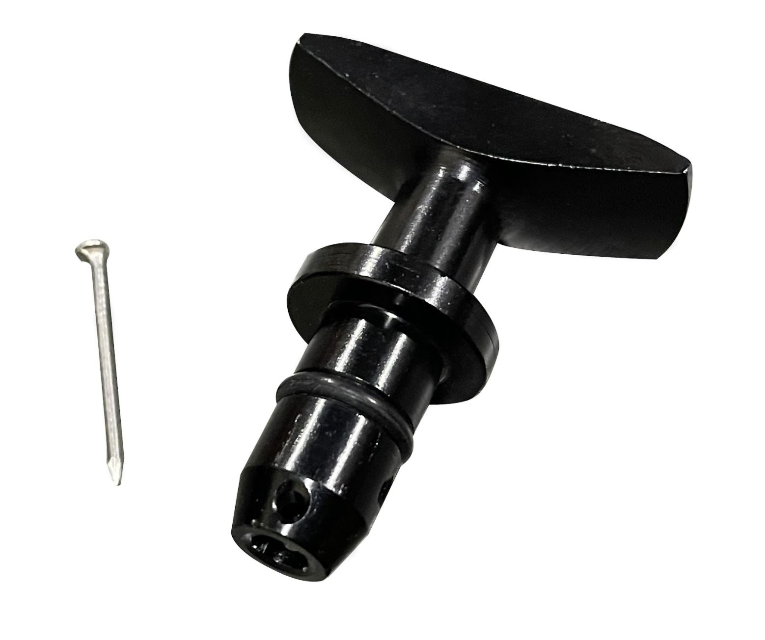 Black billet aluminum oil dipstick handle for Ford Mustang GT V8 LS engine, by Jack Spania Racing, suitable for LS1, LS2, LS3, LS6 engines