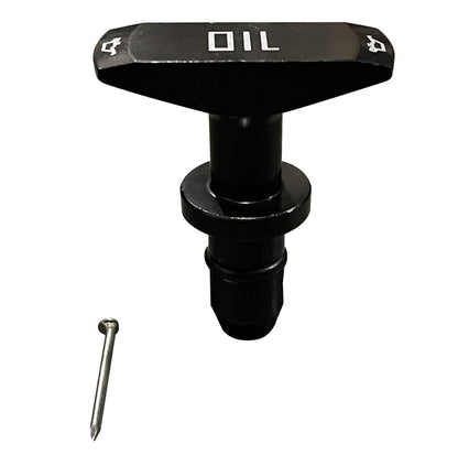 Black billet aluminum oil dipstick handle for Ford Mustang GT V8 engines, compatible with LS, LS1, LS2, LS3, LS6, by Jack Spania Racing.