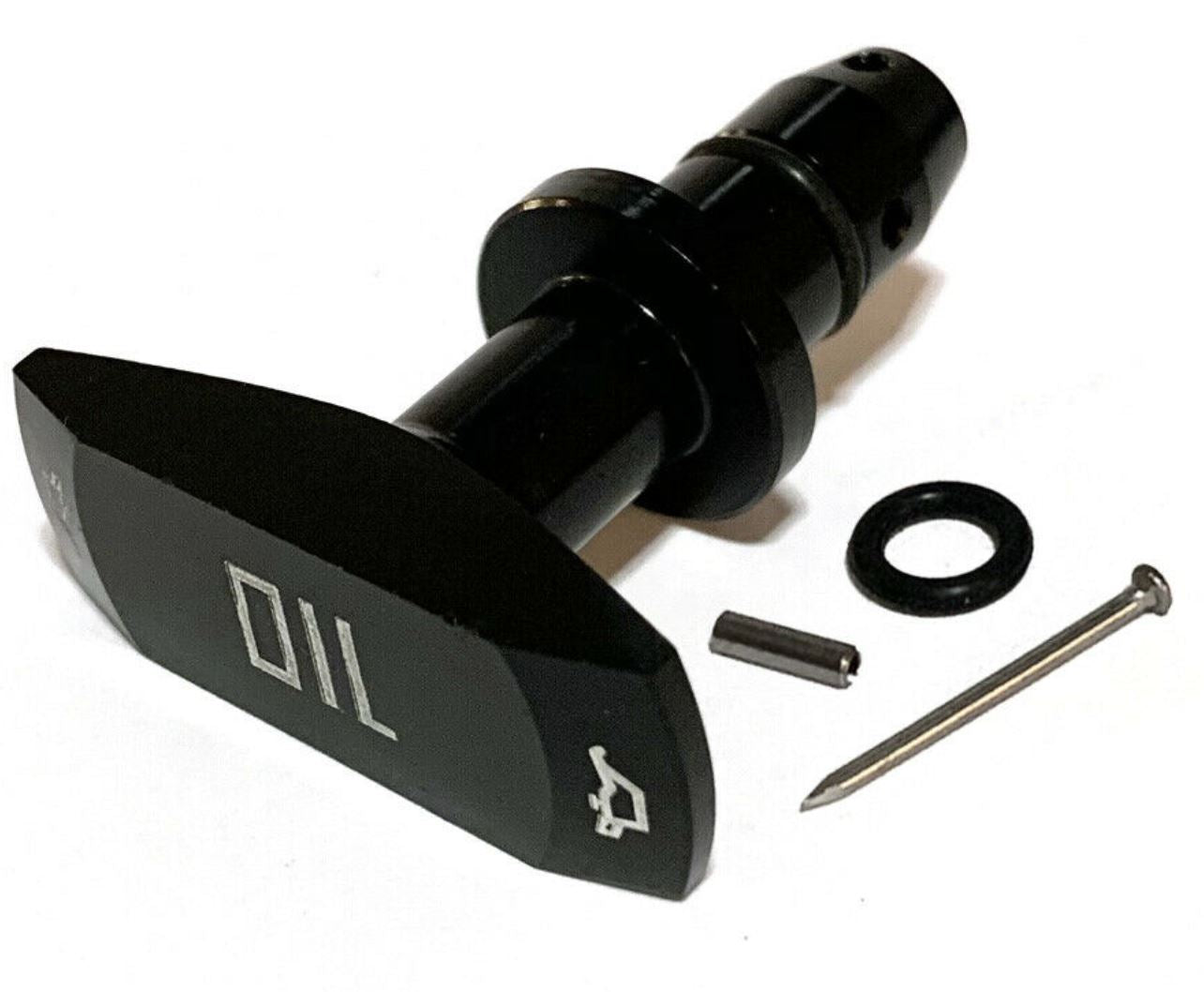 Black billet aluminum oil dipstick handle for Ford Mustang GT V8 LS engine, made by Jack Spania Racing.
