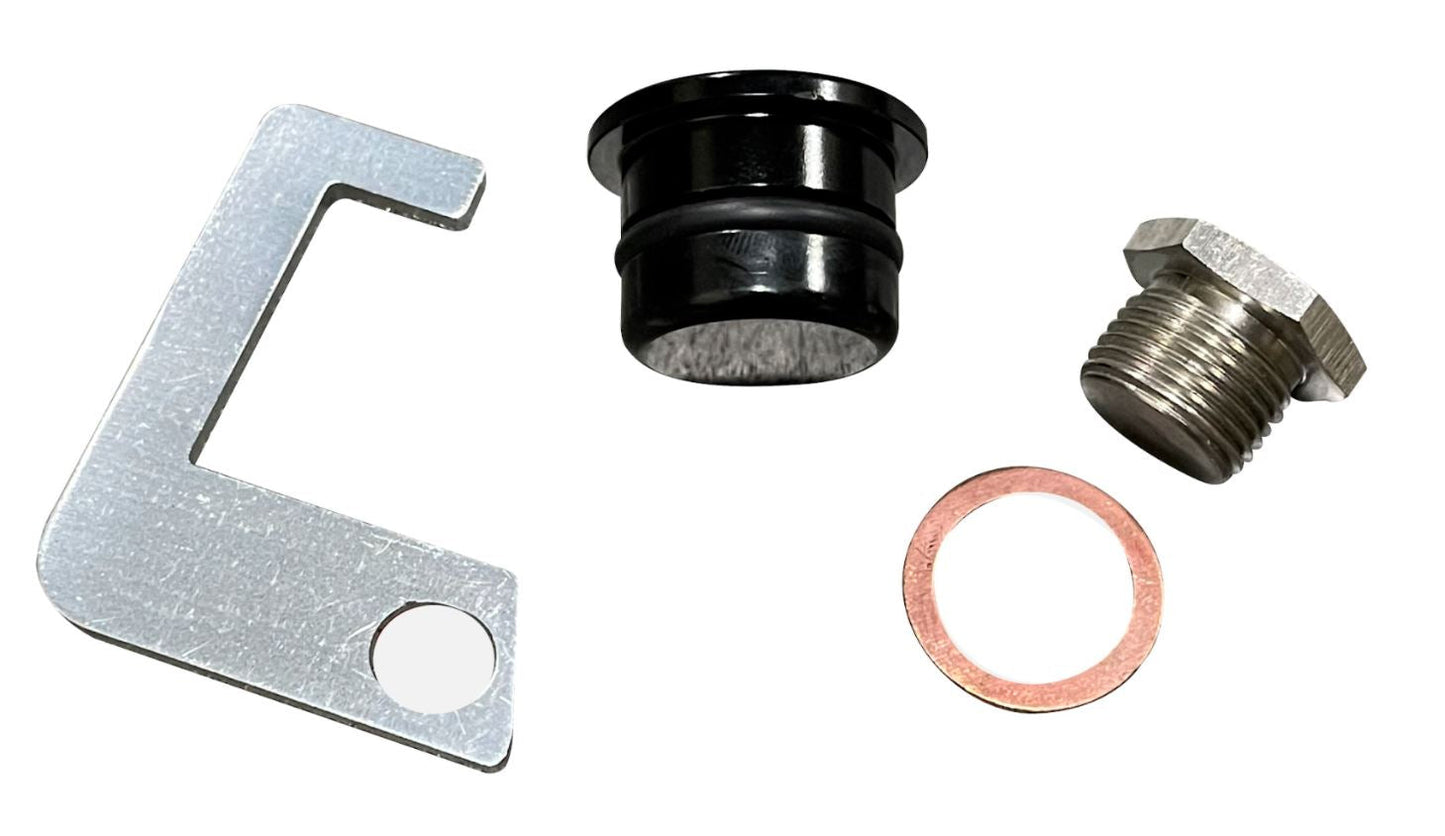 Jack Spania Racing heater core thermostat plug kit for K20 K24 engine swaps on Honda Civic, Integra, CRX, and EG EK models.