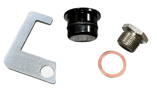 Jack Spania Racing heater core thermostat plug kit for K20 K24 engine swaps on Honda Civic, Integra, CRX, and EG EK models.