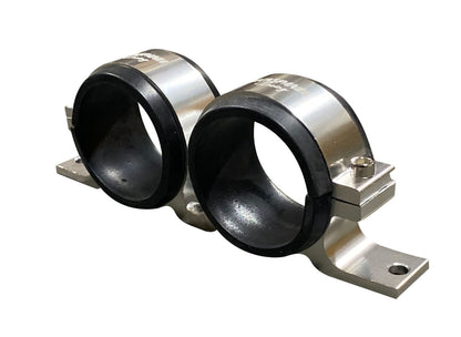 Billet aluminum dual fuel pump clamp mounting bracket for Bosch 044 and AEM 380LPH fuel pumps, by Jack Spania Racing.