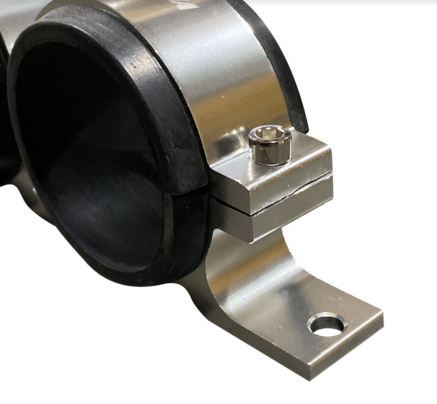 Jack Spania Racing billet aluminum dual fuel pump clamp mounting bracket for Bosch 044 and AEM 380LPH fuel pumps.