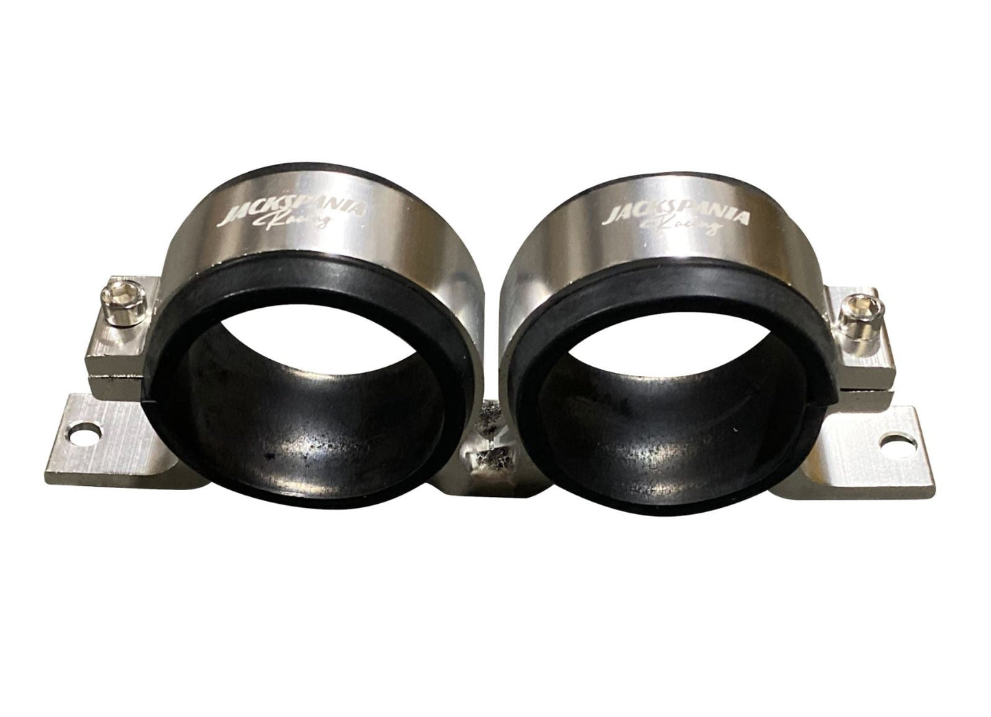 Billet aluminum dual fuel pump clamp mounting bracket for Bosch 044 380LPH fuel pumps, by Jack Spania Racing.