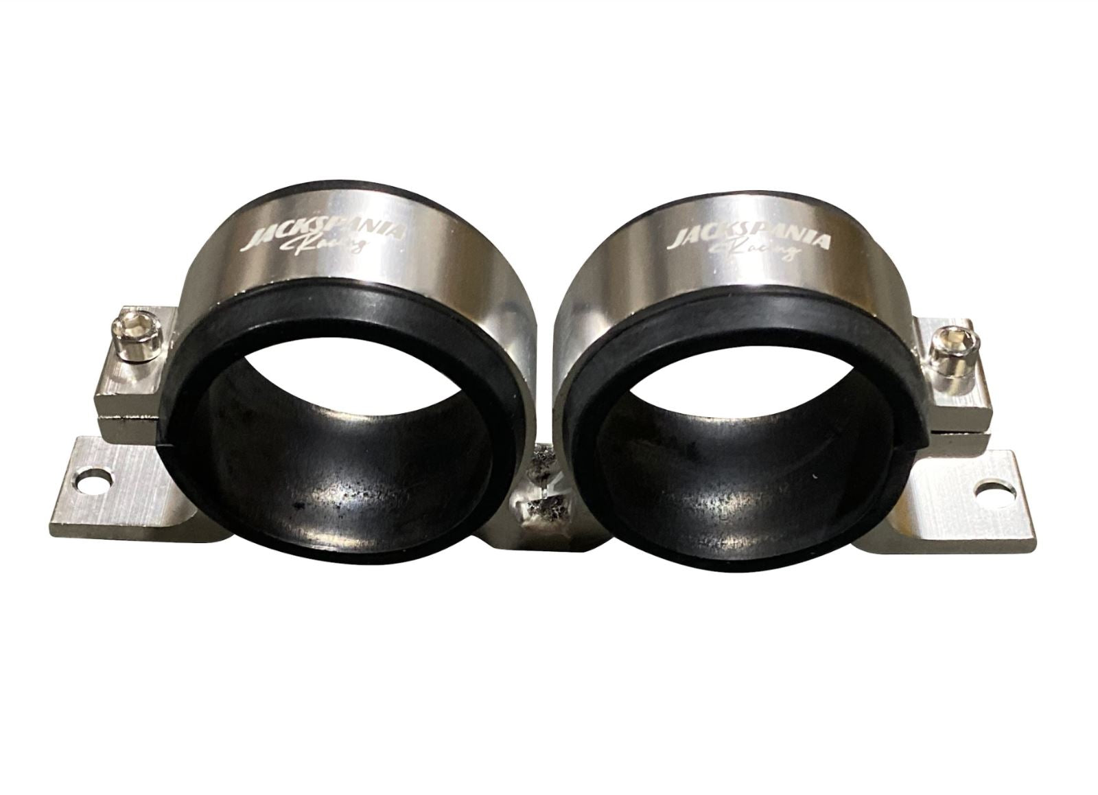 Billet aluminum dual fuel pump clamp mounting bracket for Bosch 044 380LPH fuel pumps, by Jack Spania Racing.