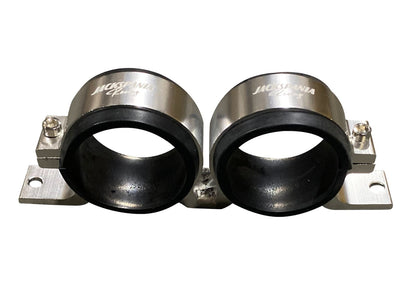 Billet aluminum dual fuel pump clamp mounting bracket for Bosch 044 380LPH fuel pumps, by Jack Spania Racing.