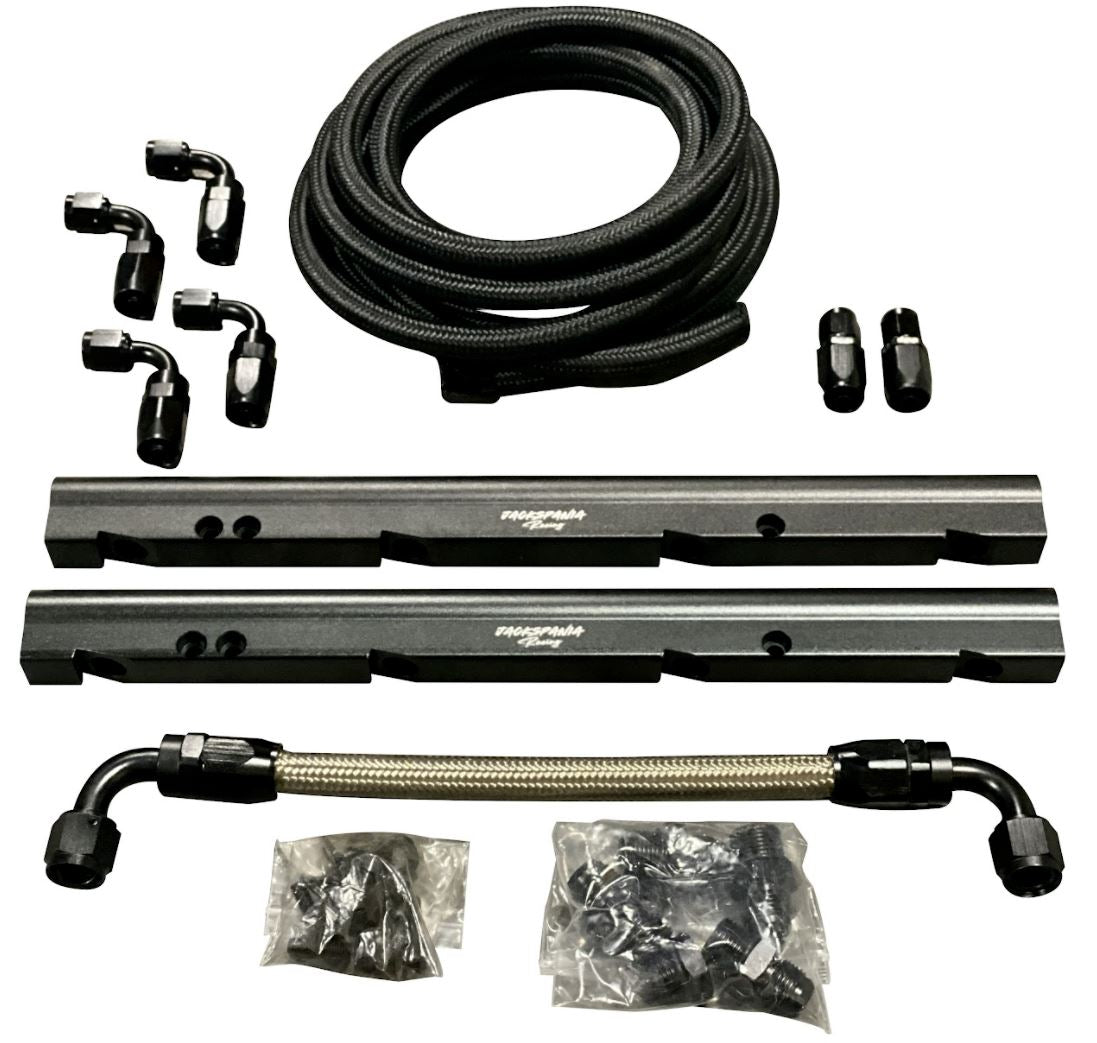 Jack Spania Racing billet LS feed return fuel rail kit for GM LS3 V8, with AN6 and AN8 fittings on OE intake manifold.