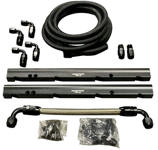 Jack Spania Racing billet LS feed return fuel rail kit for GM LS3 V8, with AN6 and AN8 fittings on OE intake manifold.