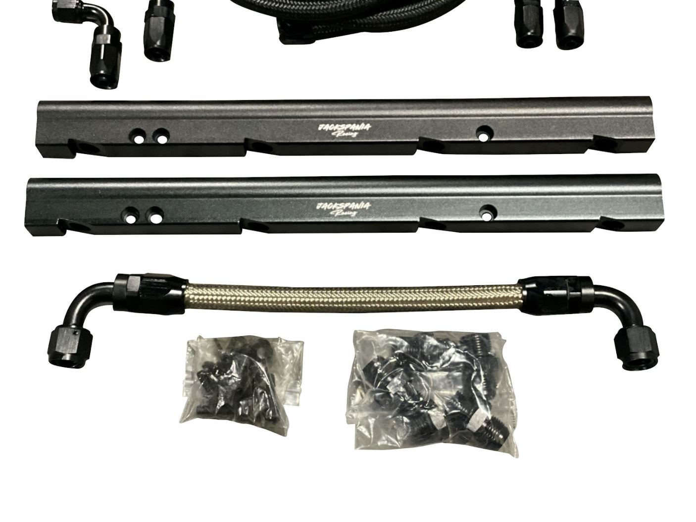 Billet LS feed return fuel rail kit for GM LS3 V8 engine, with AN6 and AN8 fittings, by Jack Spania Racing on OE intake manifold