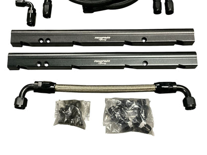 Billet LS feed return fuel rail kit for GM LS3 V8 engine, with AN6 and AN8 fittings, by Jack Spania Racing on OE intake manifold