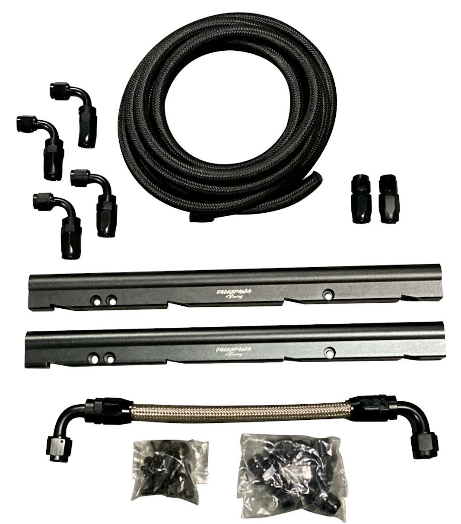Billet LS Feed Return Fuel Rail Kit for GM LS3 V8 engine, includes AN6 and AN8 fittings, by Jack Spania Racing.