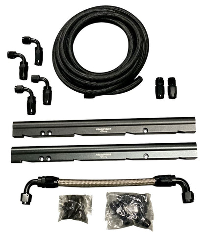 Billet LS Feed Return Fuel Rail Kit for GM LS3 V8 engine, includes AN6 and AN8 fittings, by Jack Spania Racing.