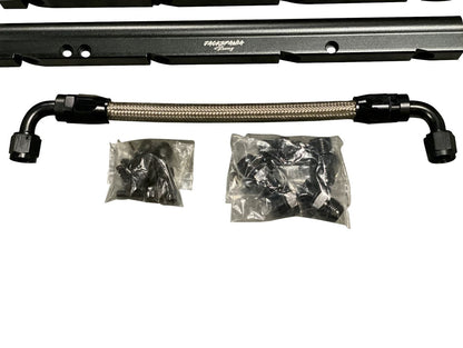 Billet LS Feed Return Fuel Rail Kit for GM LS3 V8 engine, includes OE intake manifold, direct fit with AN6 and AN8 fittings.
