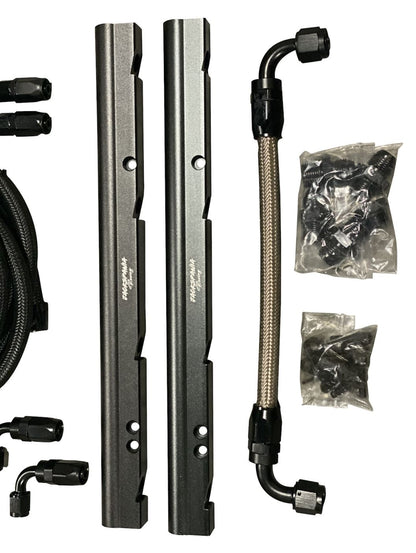 Billet LS Feed Return Fuel Rail Kit for GM LS3 V8 engine, featuring AN6 and AN8 fittings, by Jack Spania Racing.