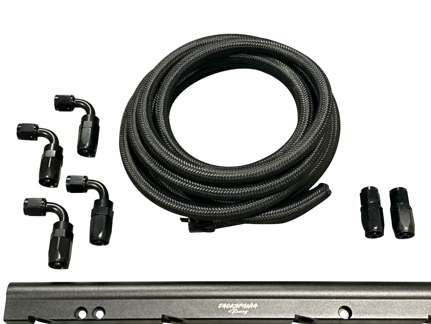 Billet LS feed return fuel rail kit for GM LS3 V8 engine, with AN6 and AN8 fittings, by Jack Spania Racing on OE intake manifold