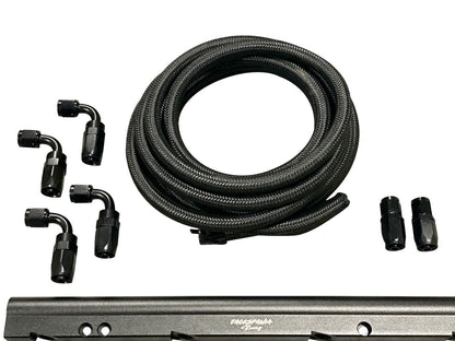 Billet LS feed return fuel rail kit for GM LS3 V8 engine, with AN6 and AN8 fittings, by Jack Spania Racing on OE intake manifold