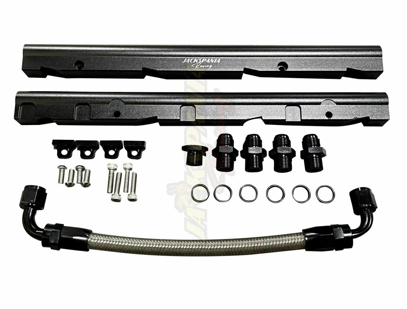 Jack Spania Racing billet LS fuel rail kit for GM LS3 V8 engine with AN8 fittings and OE intake manifold hardware.