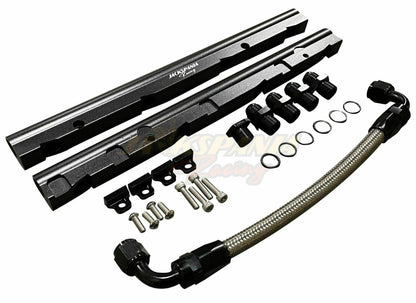 Billet LS fuel rail kit for GM LS3 V8 engine, includes OE intake manifold hardware and AN8 fittings, by Jack Spania Racing.